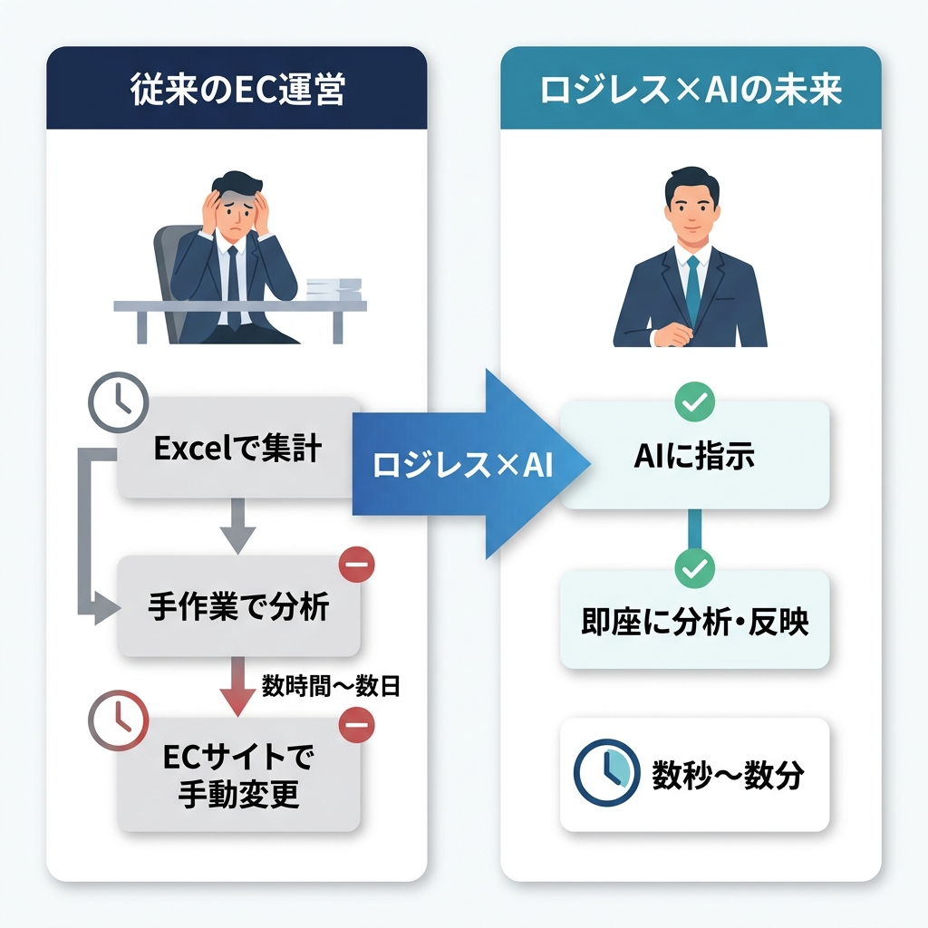 従来のEC運営における手作業フローと、ロジレス×AIによる一気通貫フローの比較図