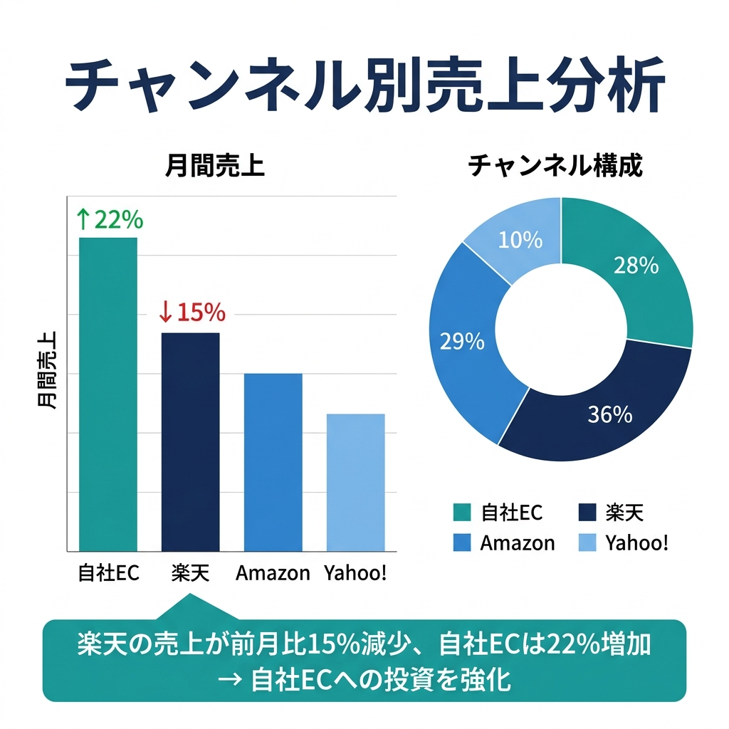 自社EC・楽天・Amazon・Yahoo!のチャンネル別売上推移と構成比を示すダッシュボード図