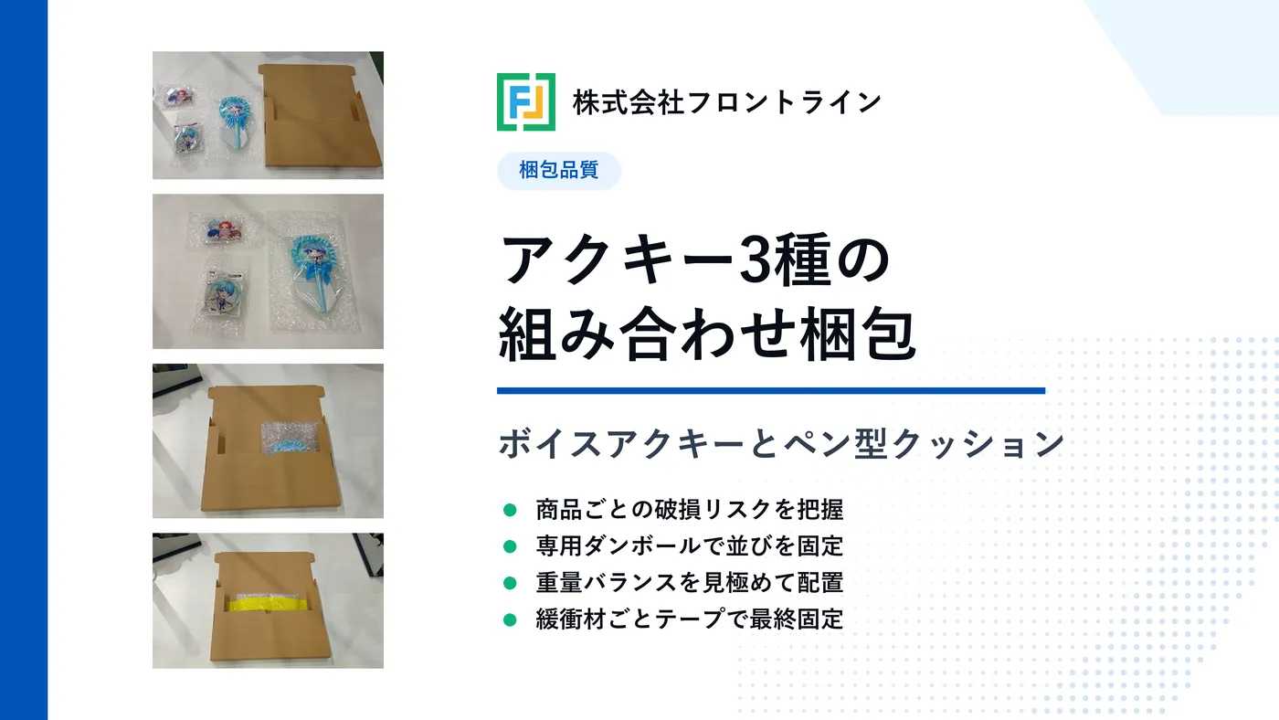 アクリルキーホルダーとボイスアクリルキーホルダー、ペン型クッションの組み合わせ梱包方法