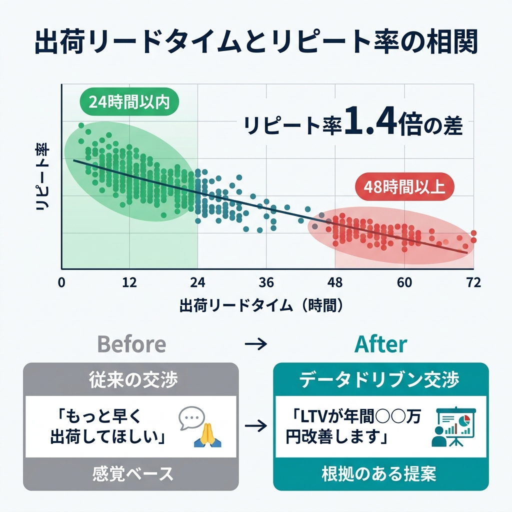 出荷リードタイムとリピート率の逆相関を示す散布図と、感覚ベースからデータドリブンへの交渉変化