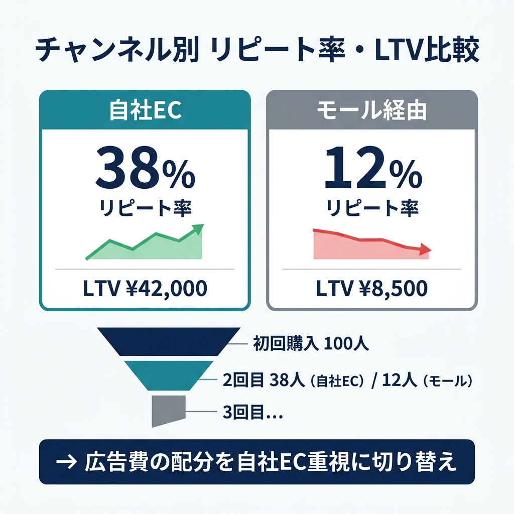 自社EC（リピート率38%）とモール経由（リピート率12%）のLTV比較KPIカード