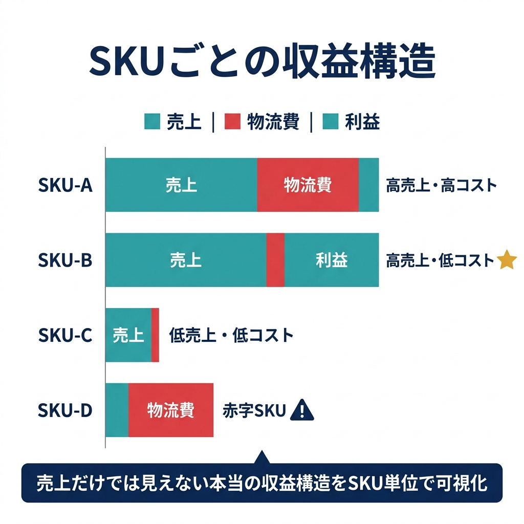 4つのSKUの売上・物流費・利益率を比較した積み上げバーチャート — 隠れた赤字SKUを可視化